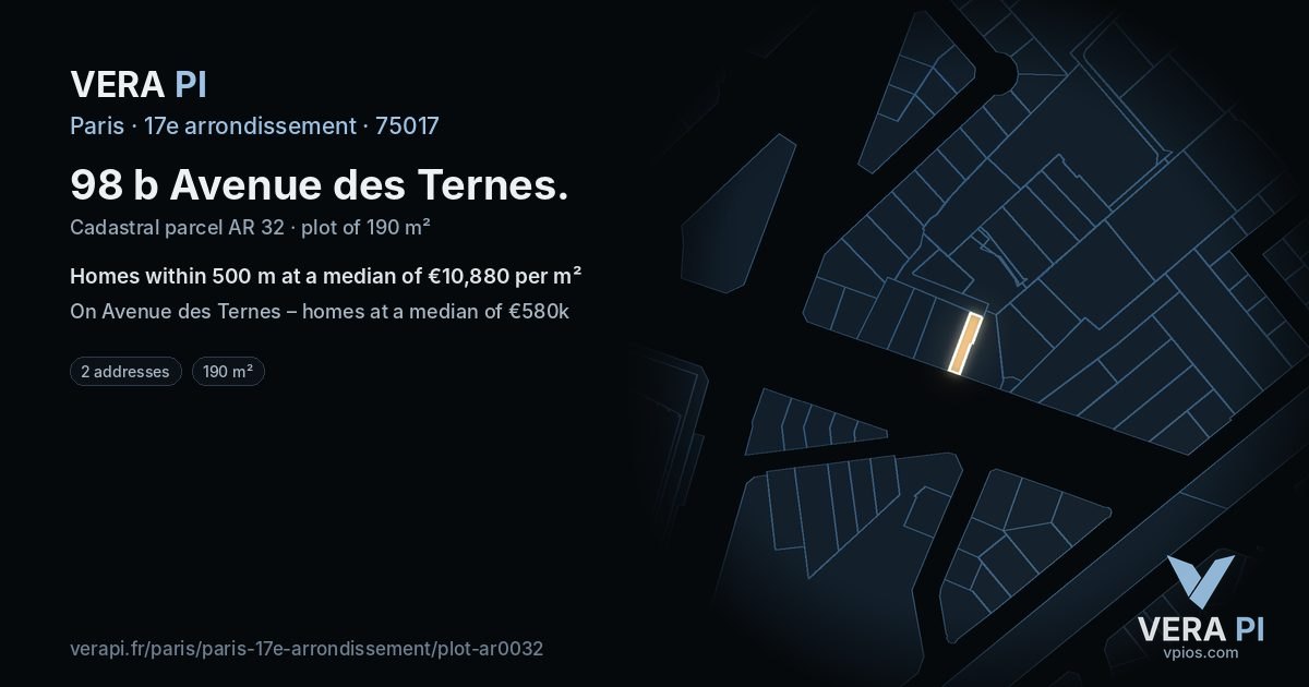 98 b Avenue des Ternes, 17e arrondissement at night – the plot lit, the parcels around coloured by the prices near them