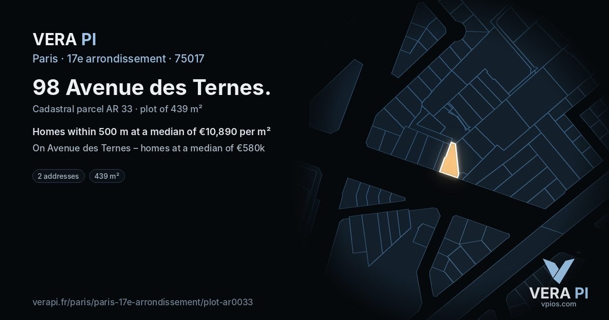 98 Avenue des Ternes, 17e arrondissement at night – the plot lit, the parcels around coloured by the prices near them