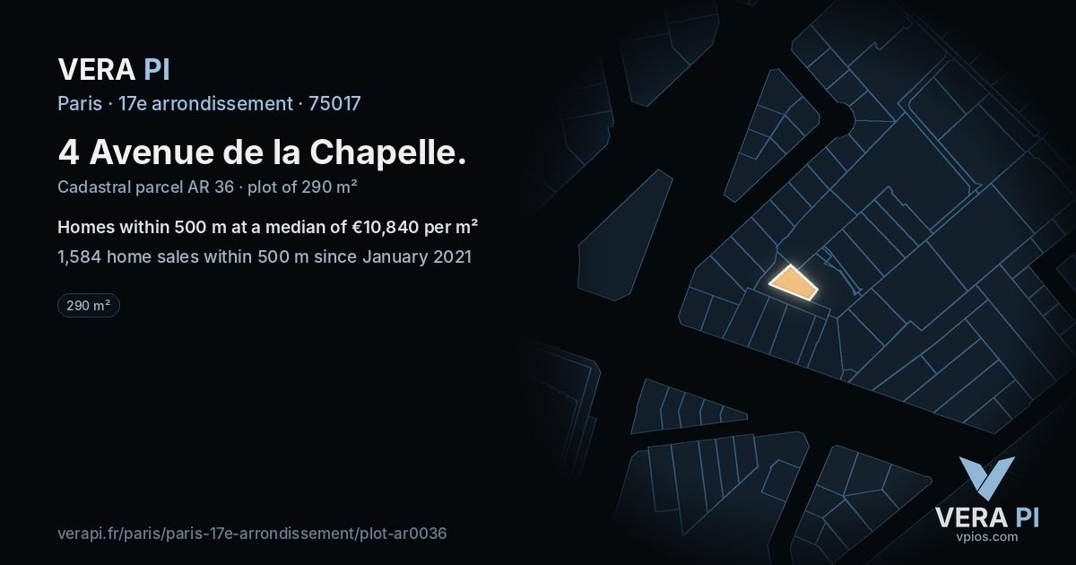 4 Avenue de la Chapelle, 17e arrondissement at night – the plot lit, the parcels around coloured by the prices near them