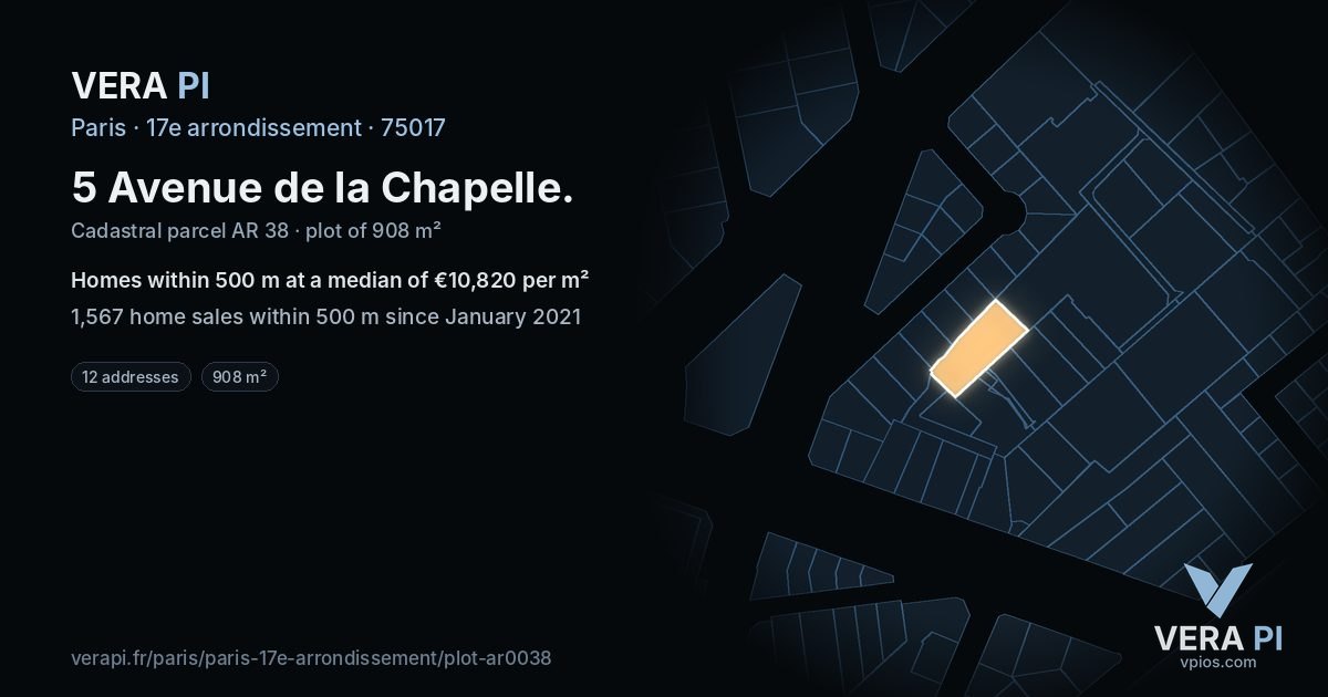 5 Avenue de la Chapelle, 17e arrondissement at night – the plot lit, the parcels around coloured by the prices near them