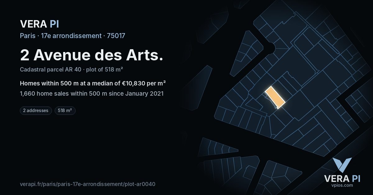 2 Avenue des Arts, 17e arrondissement at night – the plot lit, the parcels around coloured by the prices near them