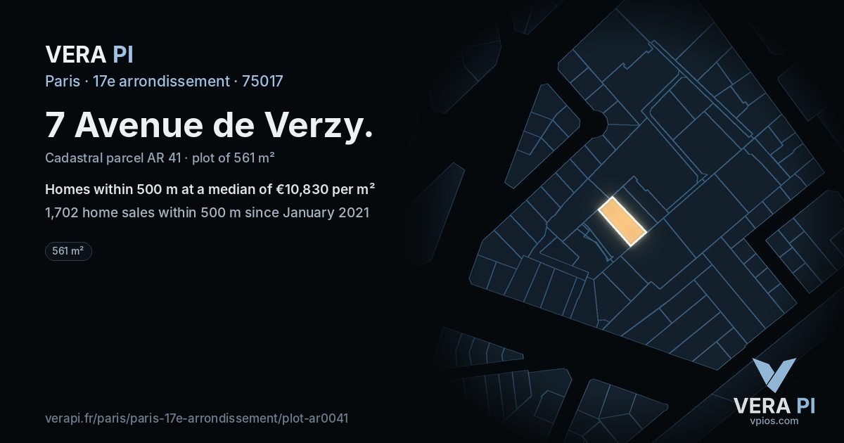 7 Avenue de Verzy, 17e arrondissement at night – the plot lit, the parcels around coloured by the prices near them