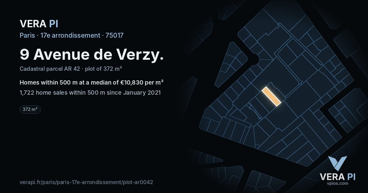 9 Avenue de Verzy, 17e arrondissement at night – the plot lit, the parcels around coloured by the prices near them