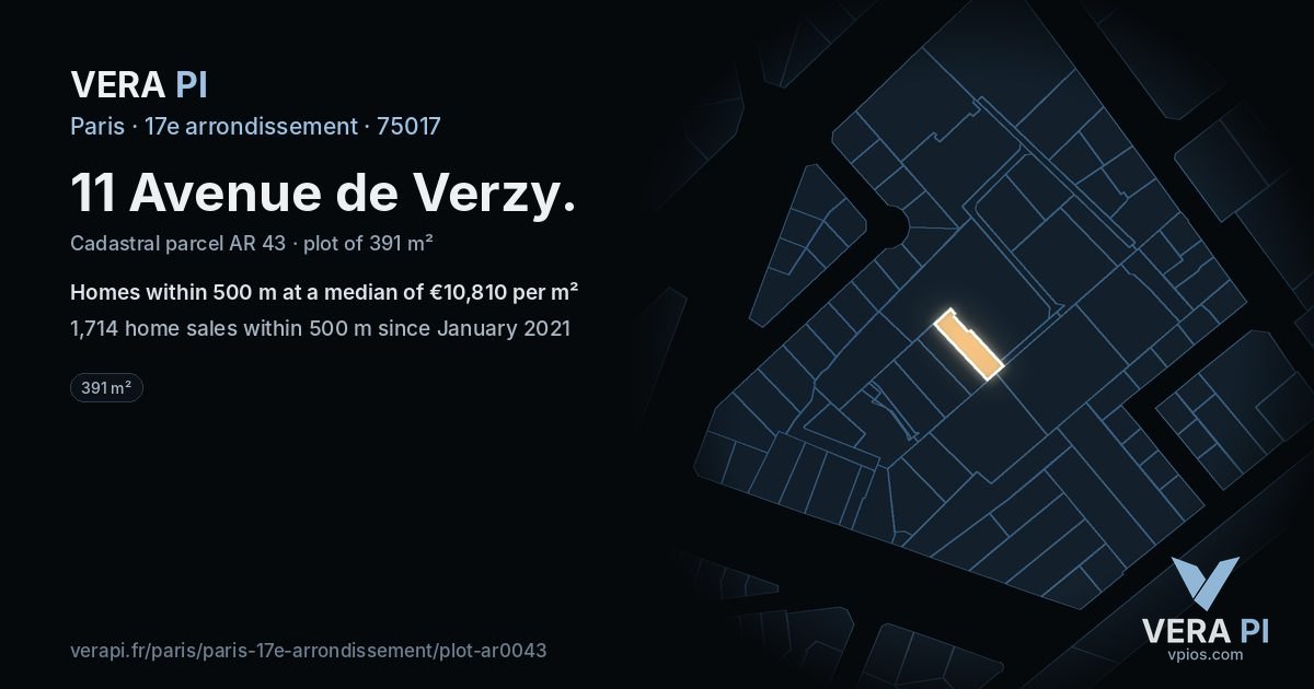 11 Avenue de Verzy, 17e arrondissement at night – the plot lit, the parcels around coloured by the prices near them