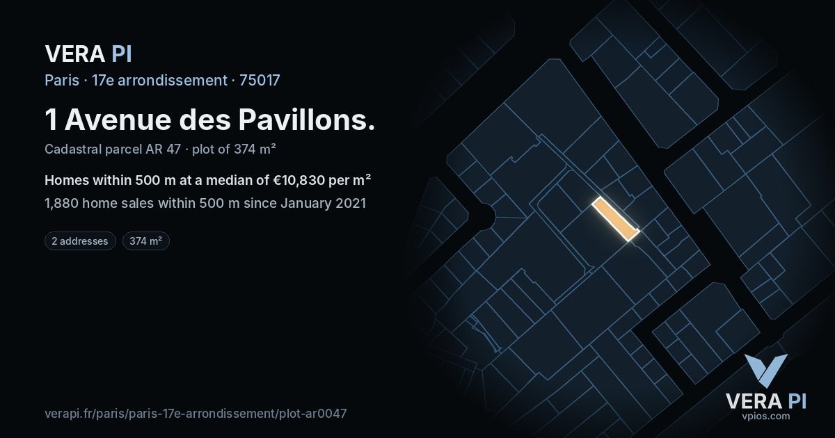 1 Avenue des Pavillons, 17e arrondissement at night – the plot lit, the parcels around coloured by the prices near them