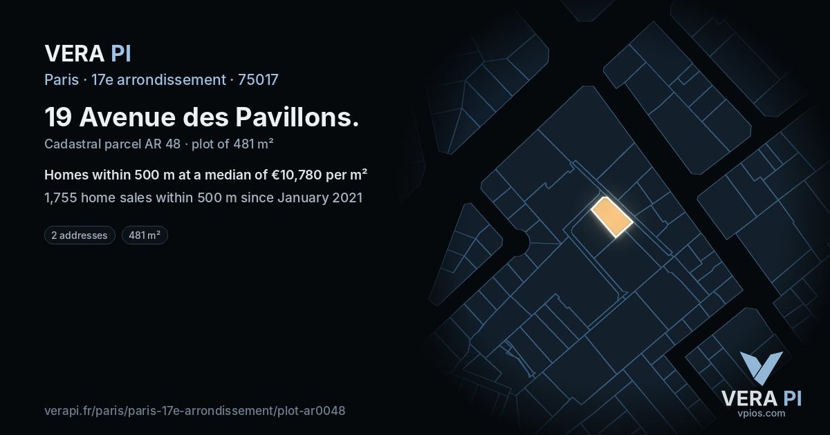 19 Avenue des Pavillons, 17e arrondissement at night – the plot lit, the parcels around coloured by the prices near them