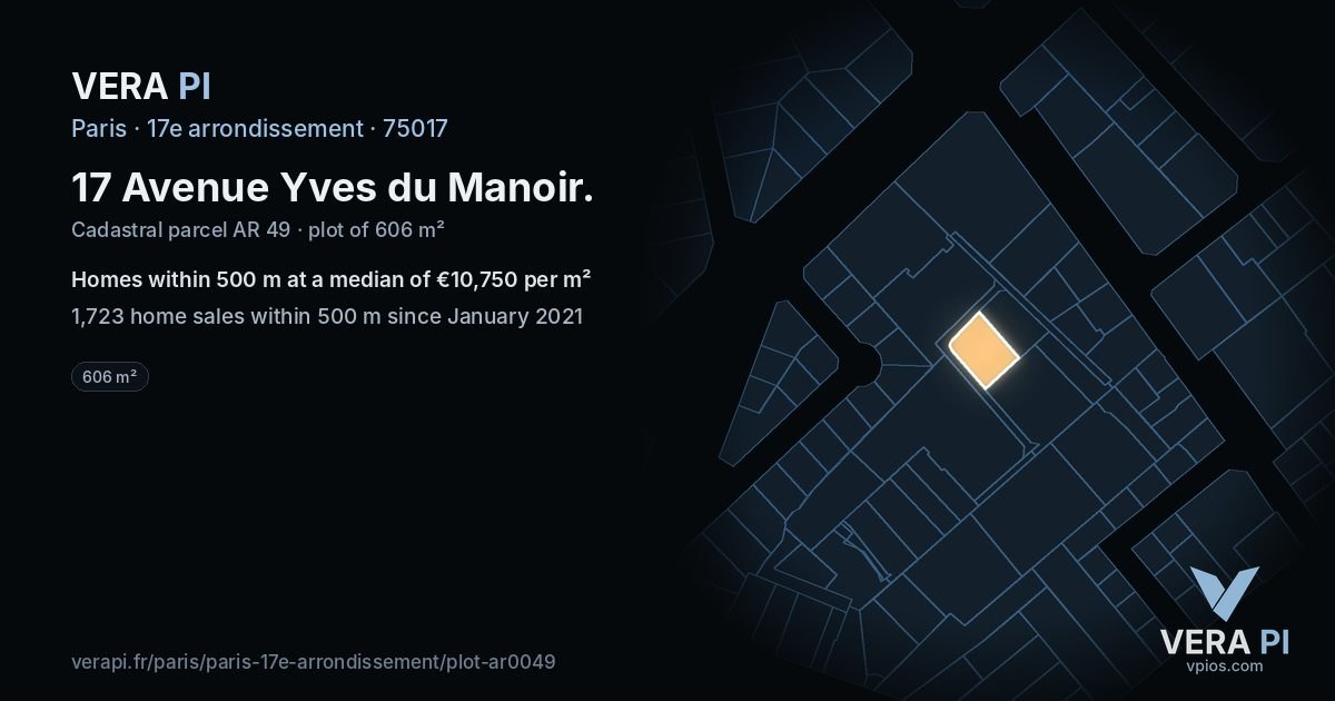 17 Avenue Yves du Manoir, 17e arrondissement at night – the plot lit, the parcels around coloured by the prices near them