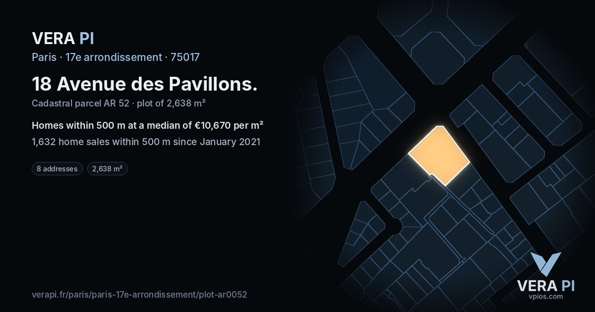 18 Avenue des Pavillons, 17e arrondissement at night – the plot lit, the parcels around coloured by the prices near them