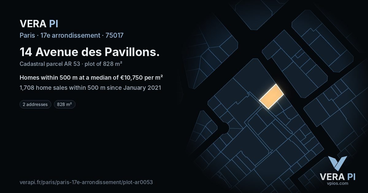 14 Avenue des Pavillons, 17e arrondissement at night – the plot lit, the parcels around coloured by the prices near them