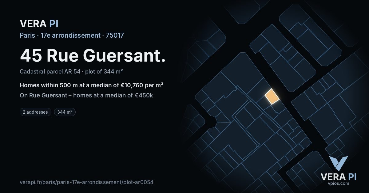 45 Rue Guersant, 17e arrondissement at night – the plot lit, the parcels around coloured by the prices near them