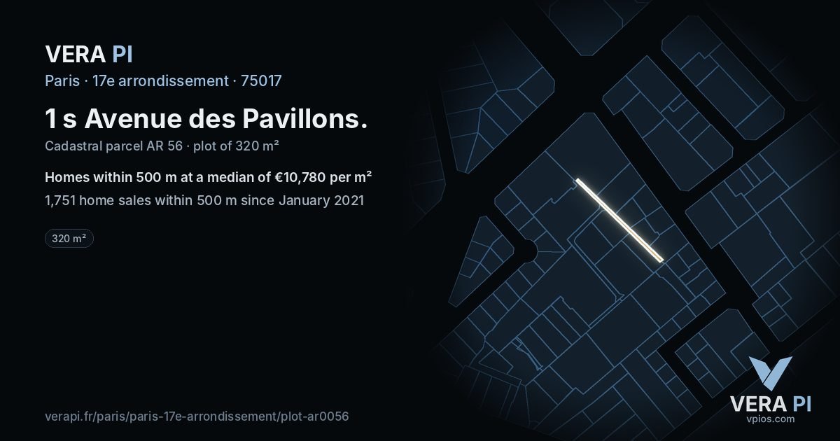 1 s Avenue des Pavillons, 17e arrondissement at night – the plot lit, the parcels around coloured by the prices near them
