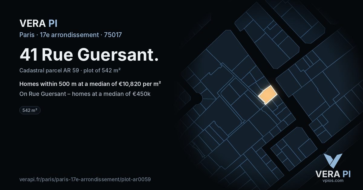 41 Rue Guersant, 17e arrondissement at night – the plot lit, the parcels around coloured by the prices near them
