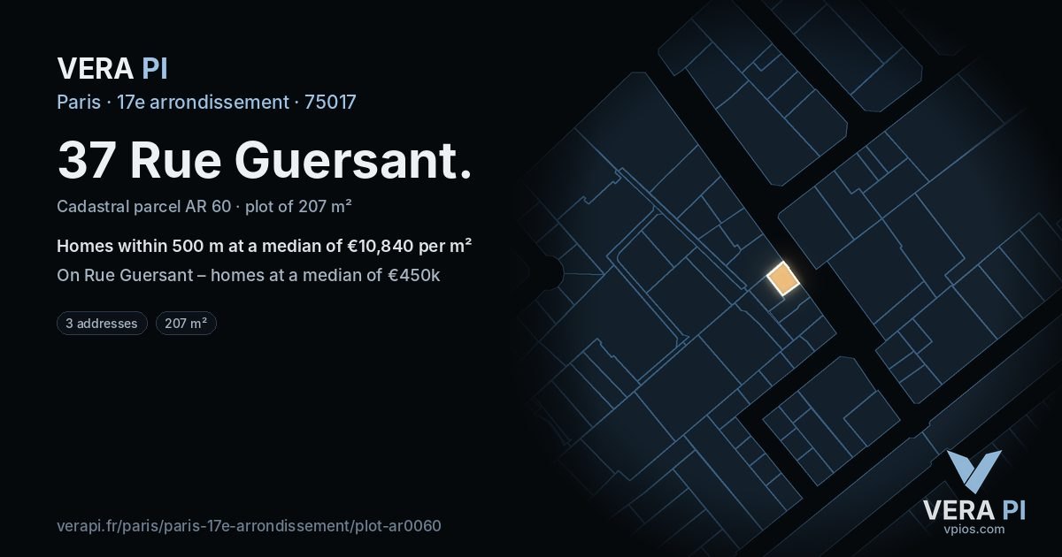 37 Rue Guersant, 17e arrondissement at night – the plot lit, the parcels around coloured by the prices near them