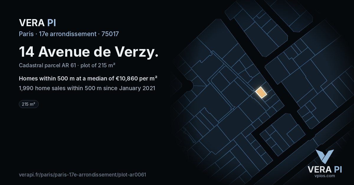 14 Avenue de Verzy, 17e arrondissement at night – the plot lit, the parcels around coloured by the prices near them