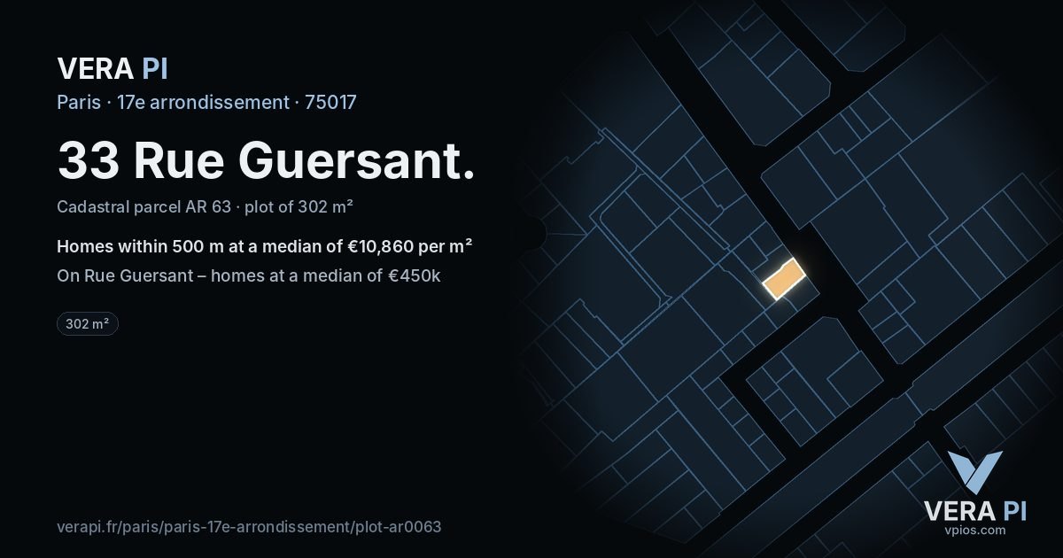 33 Rue Guersant, 17e arrondissement at night – the plot lit, the parcels around coloured by the prices near them