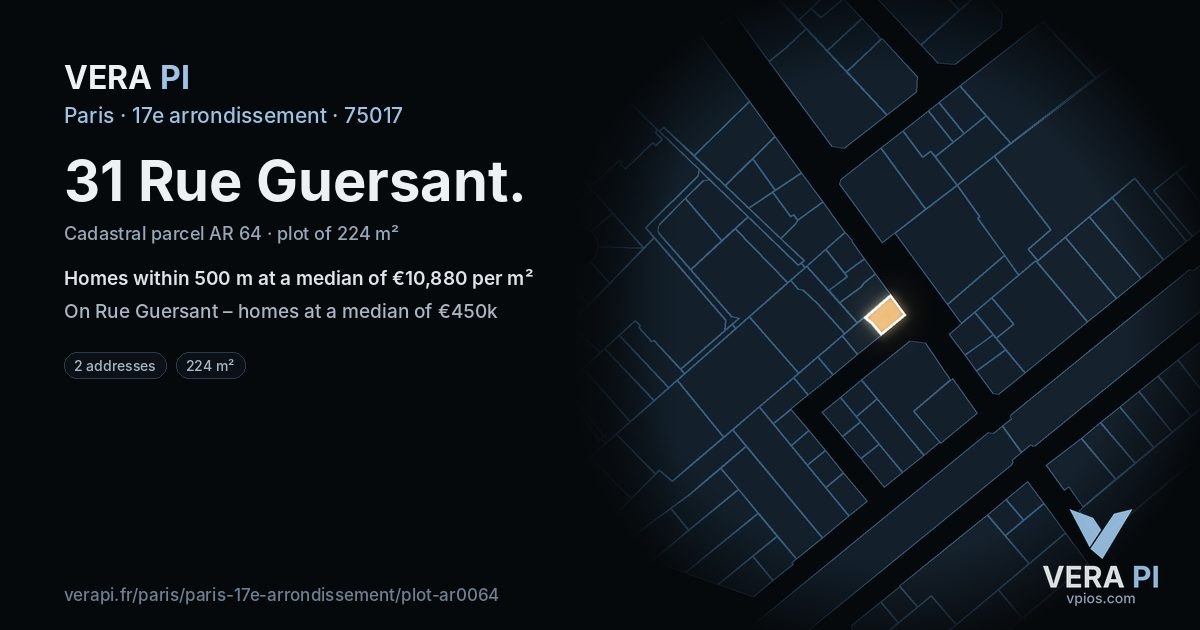 31 Rue Guersant, 17e arrondissement at night – the plot lit, the parcels around coloured by the prices near them