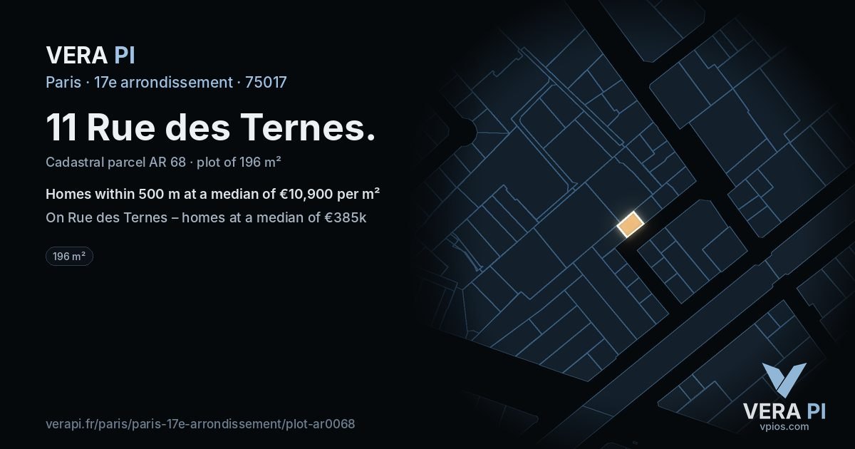 11 Rue des Ternes, 17e arrondissement at night – the plot lit, the parcels around coloured by the prices near them
