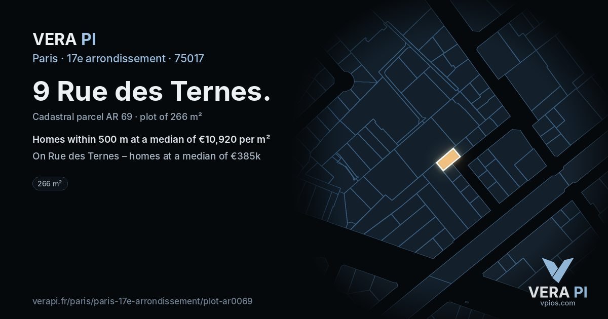 9 Rue des Ternes, 17e arrondissement at night – the plot lit, the parcels around coloured by the prices near them