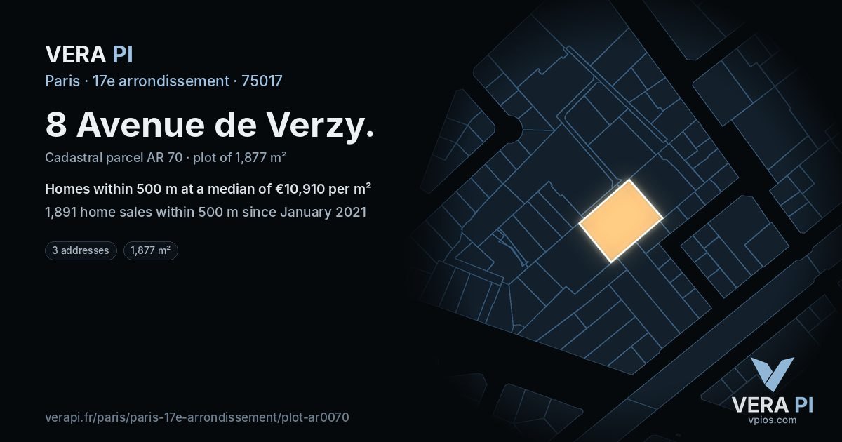 8 Avenue de Verzy, 17e arrondissement at night – the plot lit, the parcels around coloured by the prices near them