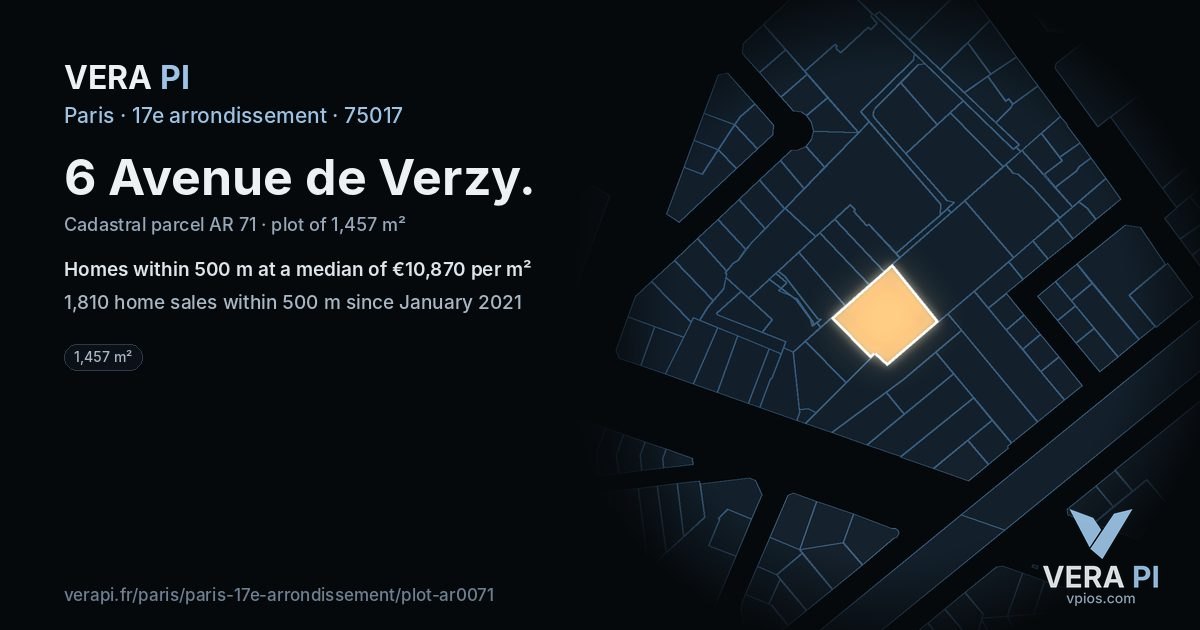 6 Avenue de Verzy, 17e arrondissement at night – the plot lit, the parcels around coloured by the prices near them