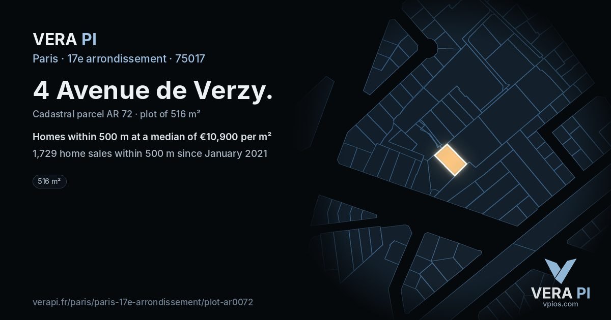 4 Avenue de Verzy, 17e arrondissement at night – the plot lit, the parcels around coloured by the prices near them