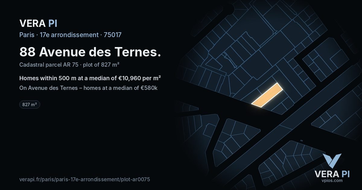 88 Avenue des Ternes, 17e arrondissement at night – the plot lit, the parcels around coloured by the prices near them