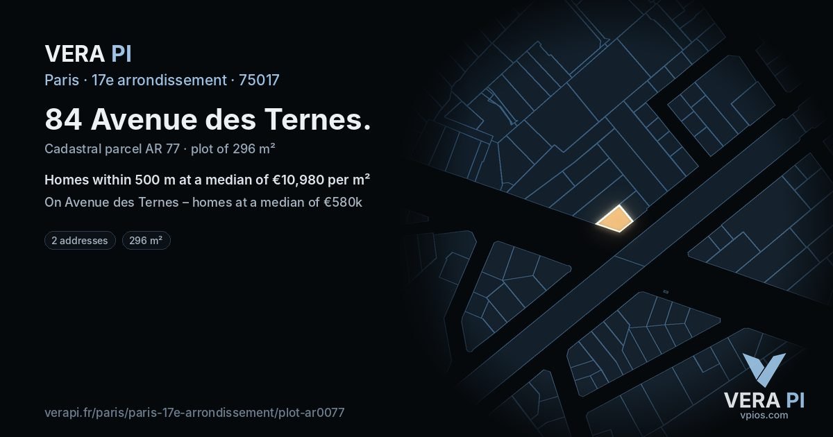 84 Avenue des Ternes, 17e arrondissement at night – the plot lit, the parcels around coloured by the prices near them