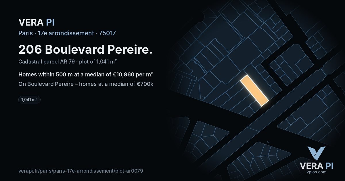 206 Boulevard Pereire, 17e arrondissement at night – the plot lit, the parcels around coloured by the prices near them