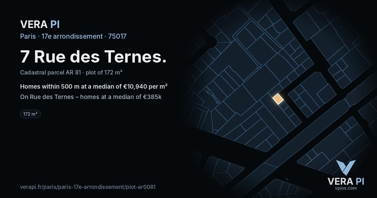 7 Rue des Ternes, 17e arrondissement at night – the plot lit, the parcels around coloured by the prices near them