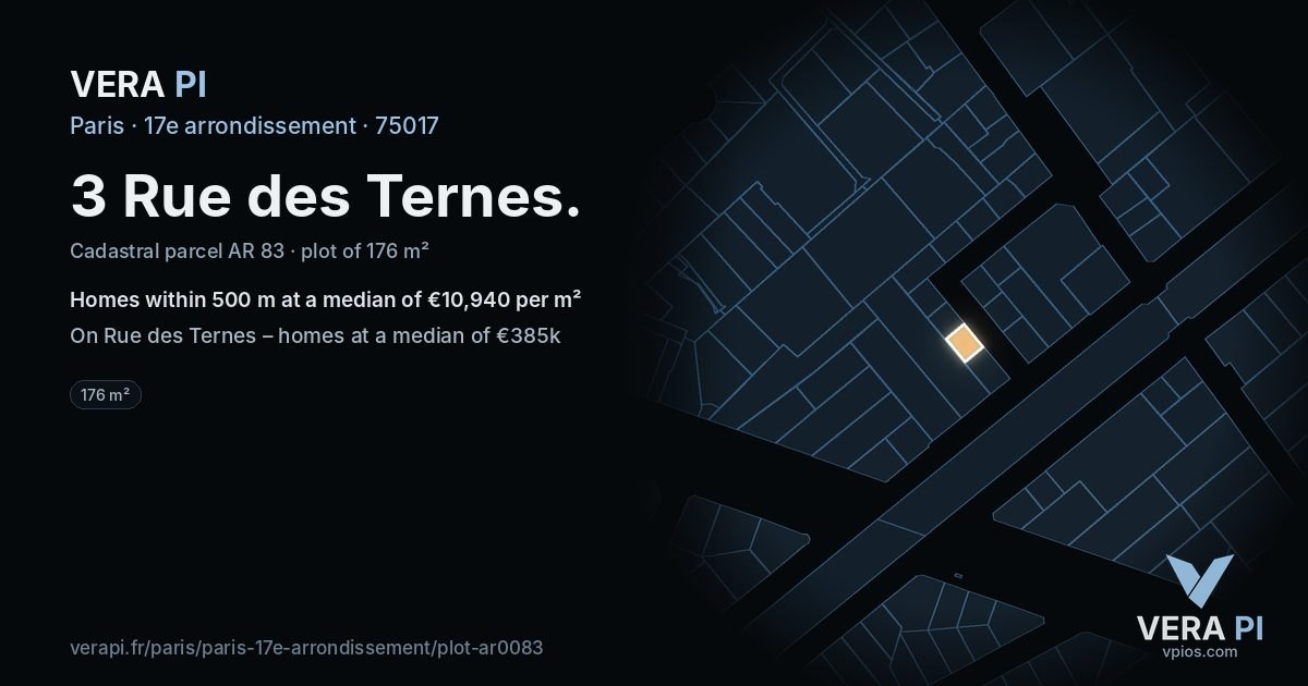 3 Rue des Ternes, 17e arrondissement at night – the plot lit, the parcels around coloured by the prices near them