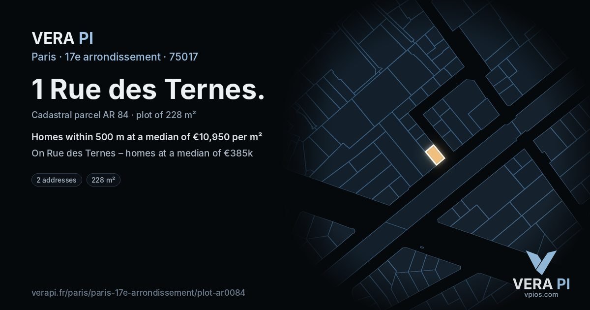 1 Rue des Ternes, 17e arrondissement at night – the plot lit, the parcels around coloured by the prices near them