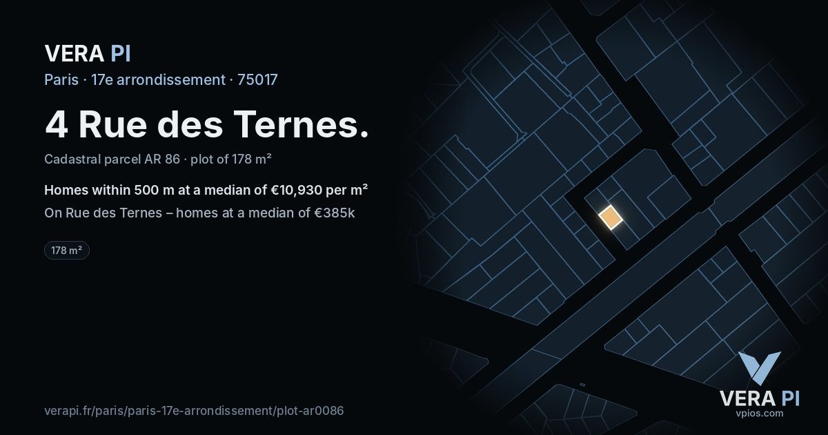 4 Rue des Ternes, 17e arrondissement at night – the plot lit, the parcels around coloured by the prices near them