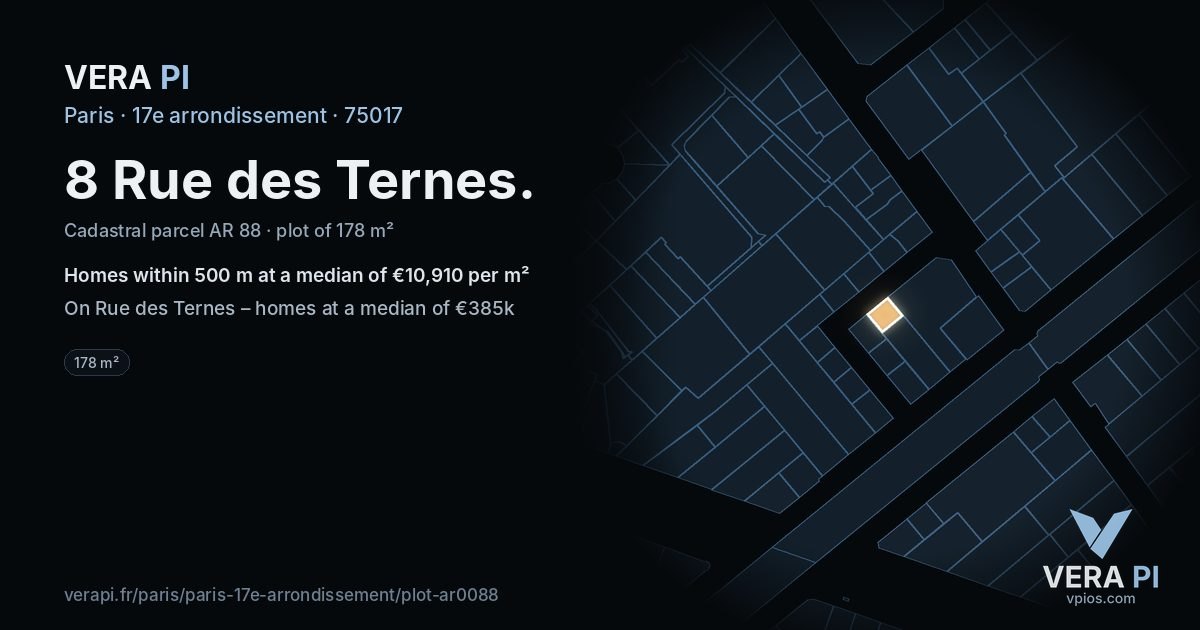 8 Rue des Ternes, 17e arrondissement at night – the plot lit, the parcels around coloured by the prices near them