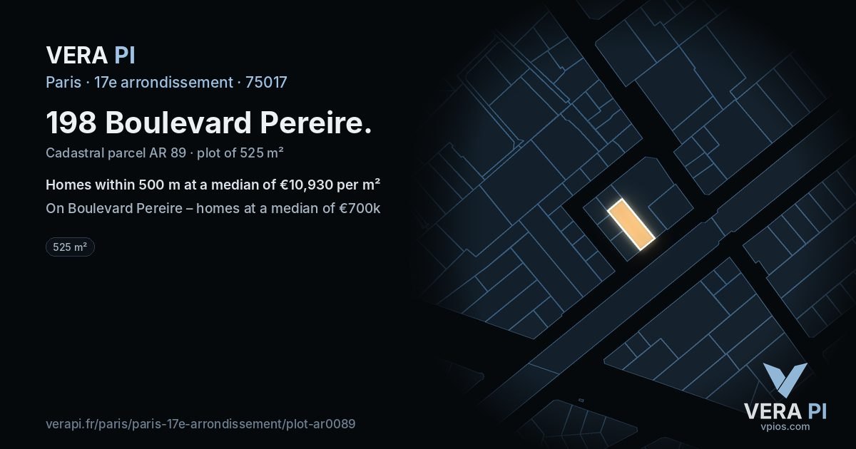 198 Boulevard Pereire, 17e arrondissement at night – the plot lit, the parcels around coloured by the prices near them