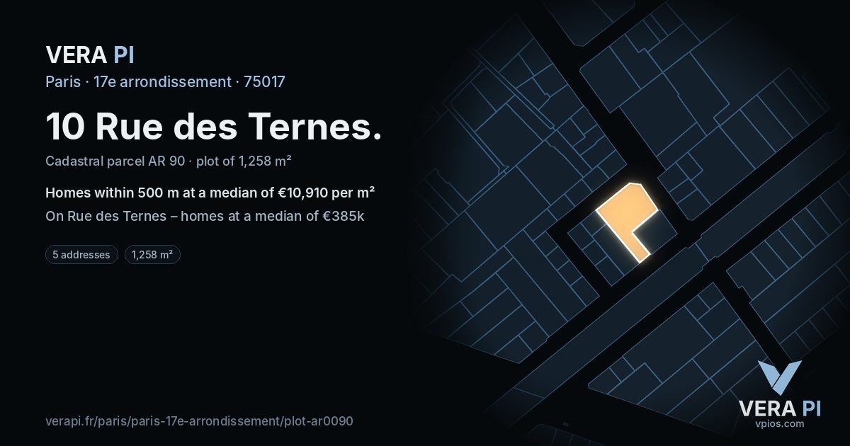 10 Rue des Ternes, 17e arrondissement at night – the plot lit, the parcels around coloured by the prices near them