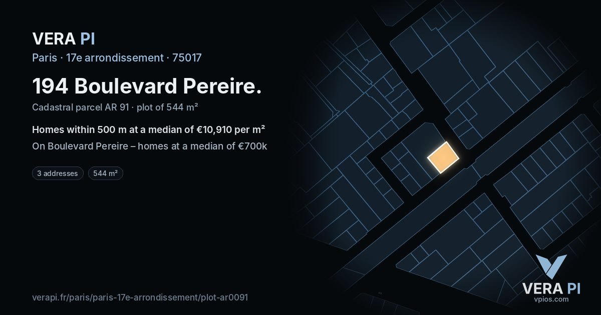194 Boulevard Pereire, 17e arrondissement at night – the plot lit, the parcels around coloured by the prices near them