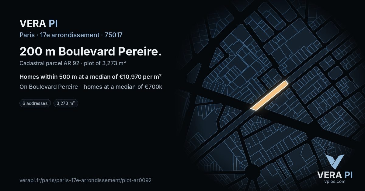 200 m Boulevard Pereire, 17e arrondissement at night – the plot lit, the parcels around coloured by the prices near them