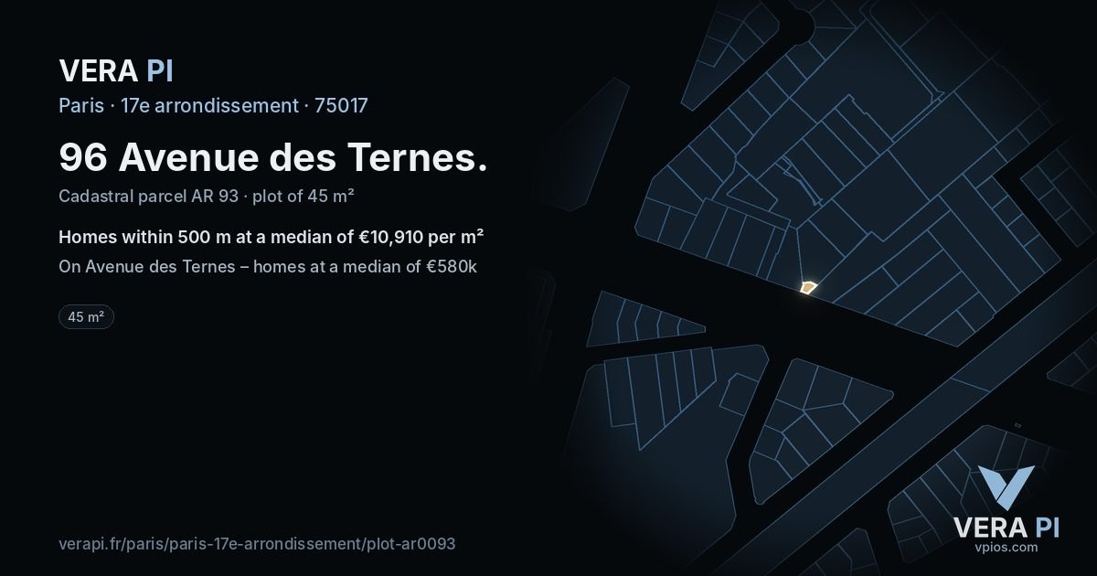 96 Avenue des Ternes, 17e arrondissement at night – the plot lit, the parcels around coloured by the prices near them
