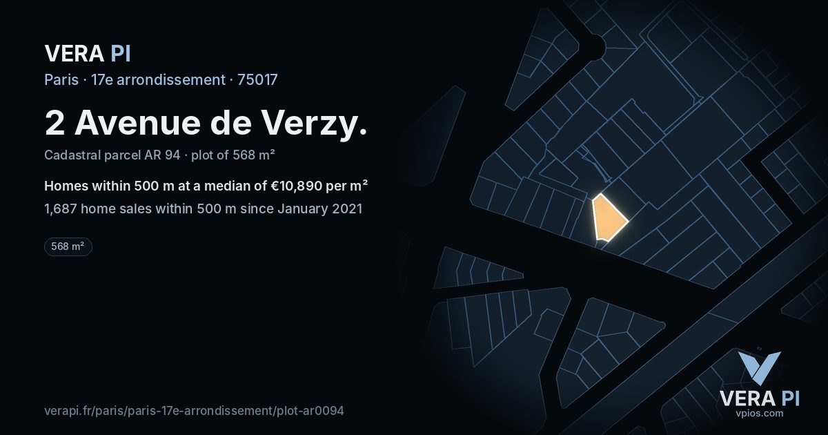 2 Avenue de Verzy, 17e arrondissement at night – the plot lit, the parcels around coloured by the prices near them