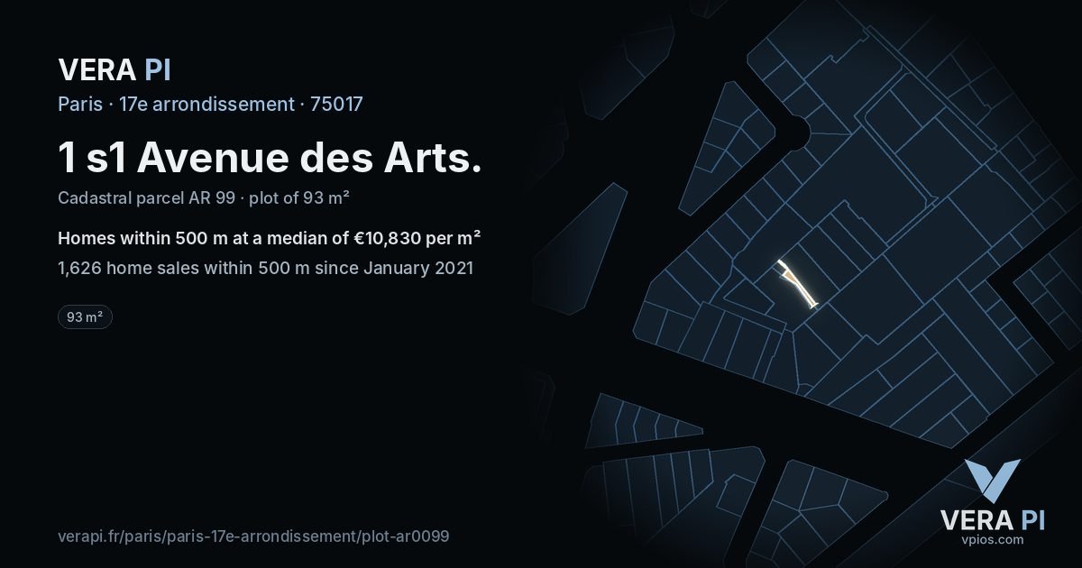 1 s1 Avenue des Arts, 17e arrondissement at night – the plot lit, the parcels around coloured by the prices near them