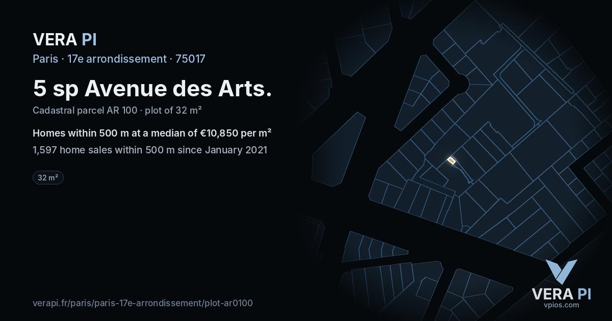 5 sp Avenue des Arts, 17e arrondissement at night – the plot lit, the parcels around coloured by the prices near them