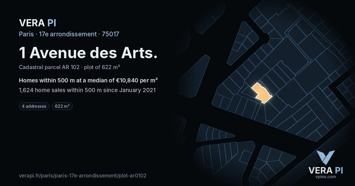 1 Avenue des Arts, 17e arrondissement at night – the plot lit, the parcels around coloured by the prices near them