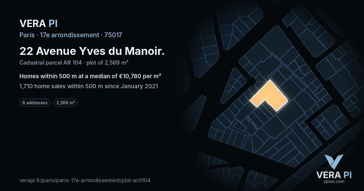 22 Avenue Yves du Manoir, 17e arrondissement at night – the plot lit, the parcels around coloured by the prices near them