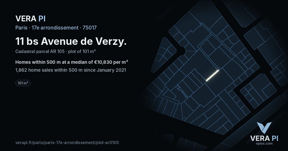 11 bs Avenue de Verzy, 17e arrondissement at night – the plot lit, the parcels around coloured by the prices near them