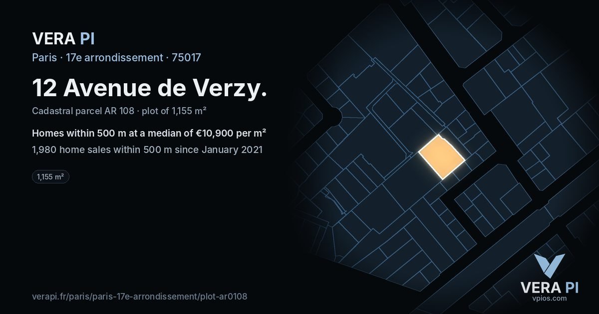 12 Avenue de Verzy, 17e arrondissement at night – the plot lit, the parcels around coloured by the prices near them