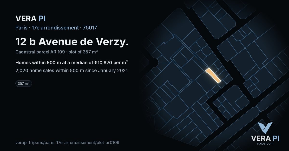 12 b Avenue de Verzy, 17e arrondissement at night – the plot lit, the parcels around coloured by the prices near them