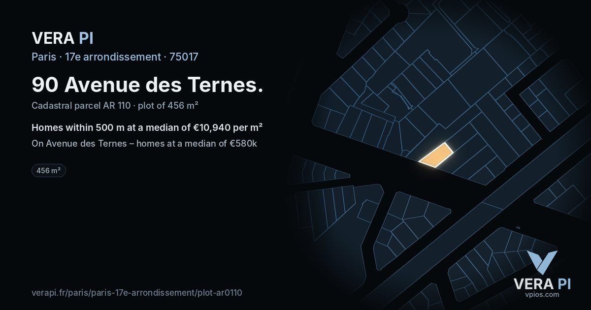 90 Avenue des Ternes, 17e arrondissement at night – the plot lit, the parcels around coloured by the prices near them