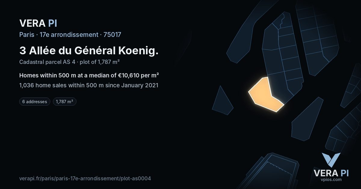 3 Allée du Général Koenig, 17e arrondissement at night – the plot lit, the parcels around coloured by the prices near them
