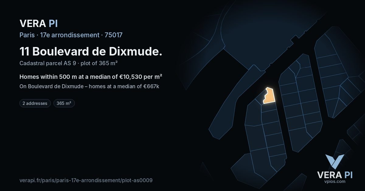 11 Boulevard de Dixmude, 17e arrondissement at night – the plot lit, the parcels around coloured by the prices near them