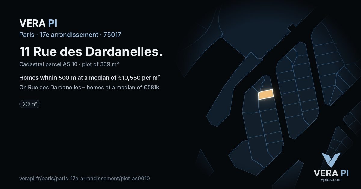 11 Rue des Dardanelles, 17e arrondissement at night – the plot lit, the parcels around coloured by the prices near them